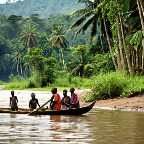 Home 15 **Image:** A vibrant scene on the Congo River, showing villagers fishing from dugout canoes, women washing clothes on the banks, and children playing in the water, with lush rainforest in the background. Focus on the river's importance to daily life.