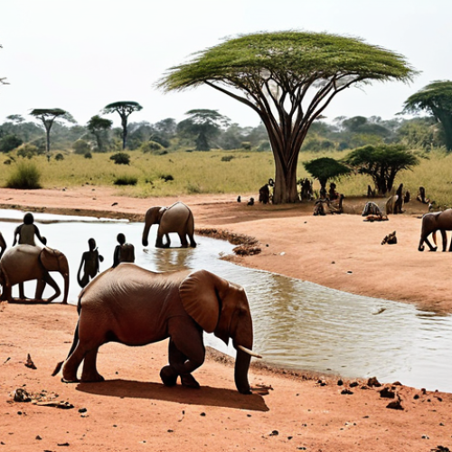 Home 14 **Image Prompt:** A vibrant African landscape during the dry season in the Republic of Congo. Focus on abundant wildlife gathering around a water source under a clear, sunny sky. Show tourists on a wildlife safari enjoying the scene.