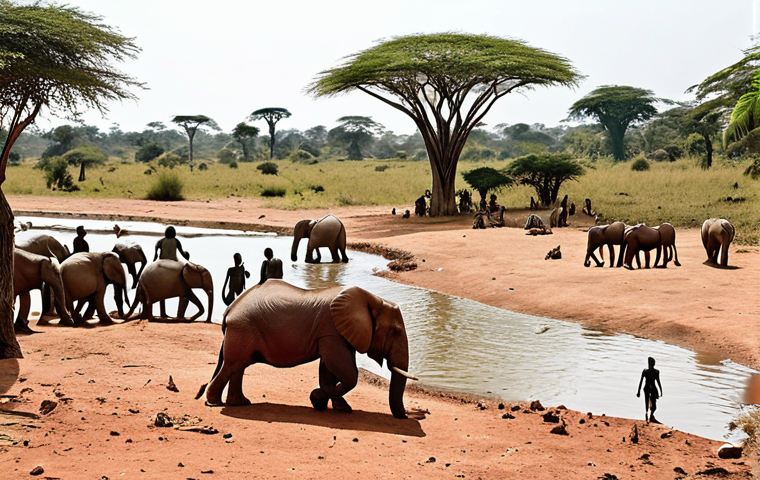 **Image Prompt:** A vibrant African landscape during the dry season in the Republic of Congo. Focus on abundant wildlife gathering around a water source under a clear, sunny sky. Show tourists on a wildlife safari enjoying the scene.