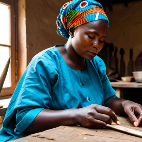 Home 7 A skilled Congolese artisan, a woman, dressed in modest, vibrant traditional African attire, fully clothed, appropriate attire. She is sitting in a rustic, well-lit village workshop, intently focused on meticulously carving intricate details into a wooden mask with a natural pose. Her well-formed hands and proper finger count are clearly visible as she works. The background features other unfinished art pieces and natural light filtering through. Perfect anatomy, correct proportions, natural body proportions, professional photography, high detail, authentic cultural representation, safe for work, appropriate content, family-friendly.