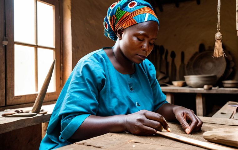 A skilled Congolese artisan, a woman, dressed in modest, vibrant traditional African attire, fully clothed, appropriate attire. She is sitting in a rustic, well-lit village workshop, intently focused on meticulously carving intricate details into a wooden mask with a natural pose. Her well-formed hands and proper finger count are clearly visible as she works. The background features other unfinished art pieces and natural light filtering through. Perfect anatomy, correct proportions, natural body proportions, professional photography, high detail, authentic cultural representation, safe for work, appropriate content, family-friendly.