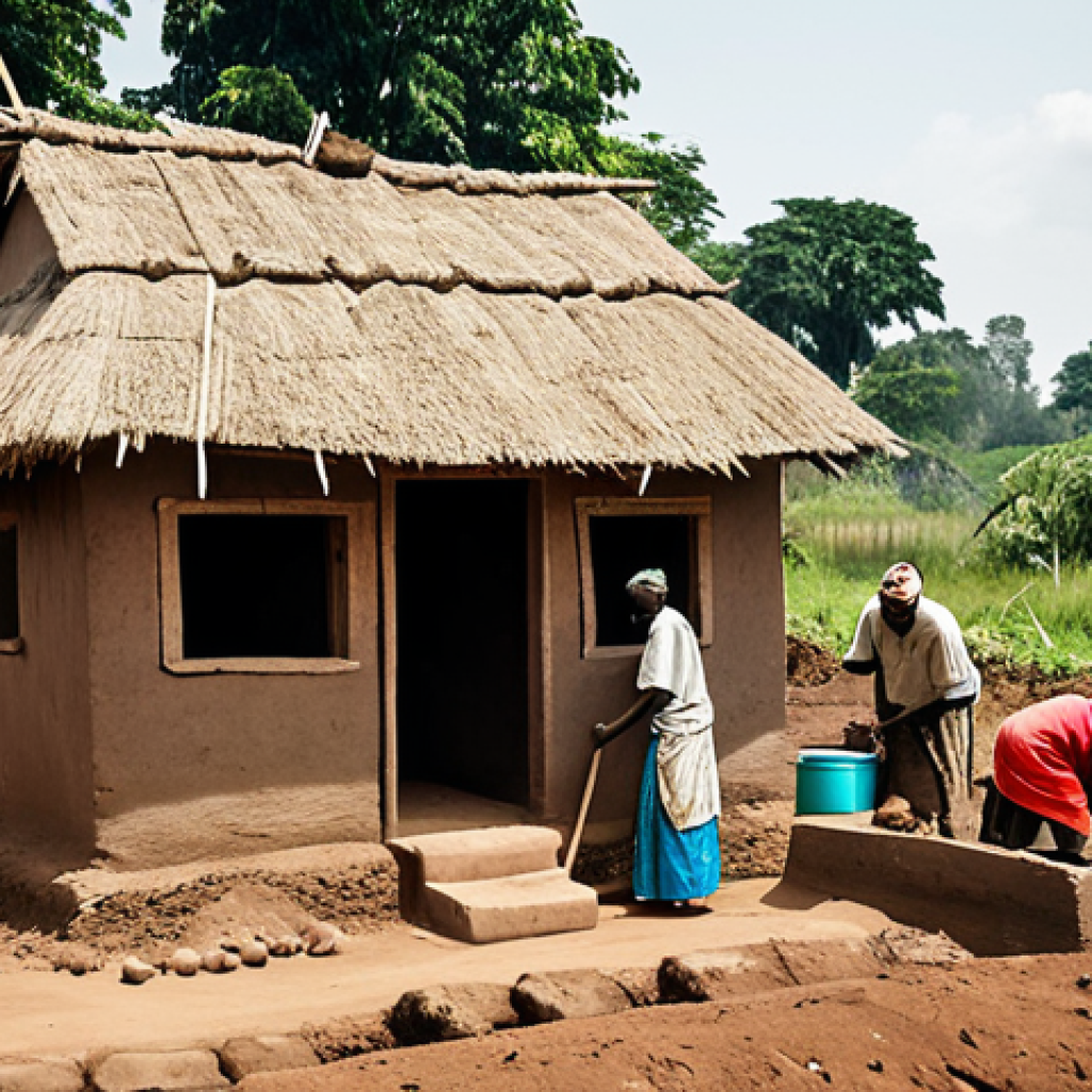 콩고 공화국 전통 가옥 및 건축 양식 - **Mud House Construction in Congo:** "A traditional Congolese village scene showing the construction...