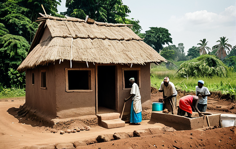 콩고 공화국 전통 가옥 및 건축 양식 - **Mud House Construction in Congo:** "A traditional Congolese village scene showing the construction...
