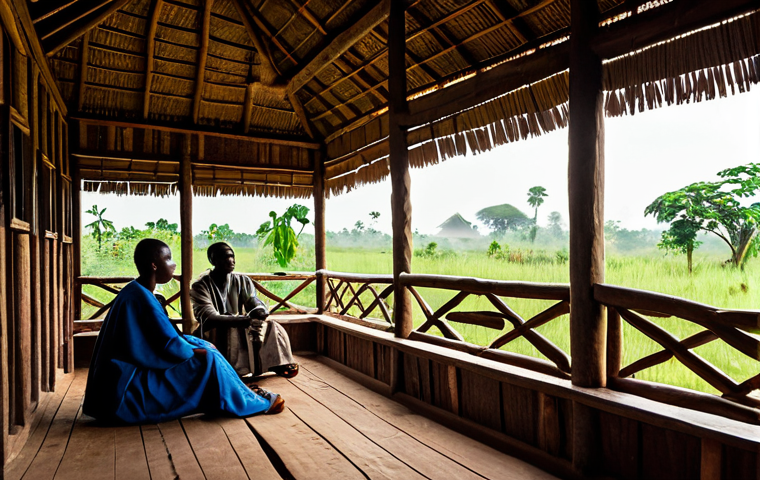 콩고 공화국 전통 가옥 및 건축 양식 - **Mud House Construction in Congo:** "A traditional Congolese village scene showing the construction...
