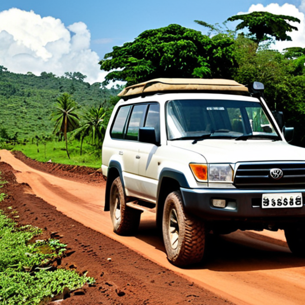 콩고 공화국에서 자동차 렌트 및 교통 법규 - **Image Prompt 1: The Resilient 4x4 on a Challenging DRC Road**
    "A wide-angle, adventurous shot ...