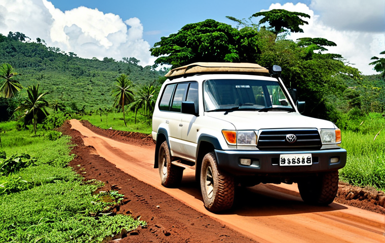콩고 공화국에서 자동차 렌트 및 교통 법규 - **Image Prompt 1: The Resilient 4x4 on a Challenging DRC Road**
    "A wide-angle, adventurous shot ...