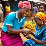 콩고 공화국에서 가장 많이 사용하는 결제 수단 - **Prompt: "A vibrant and bustling rural market scene in the Democratic Republic of Congo (DRC), depi...