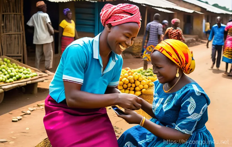 콩고 공화국에서 가장 많이 사용하는 결제 수단 - **Prompt: "A vibrant and bustling rural market scene in the Democratic Republic of Congo (DRC), depi...