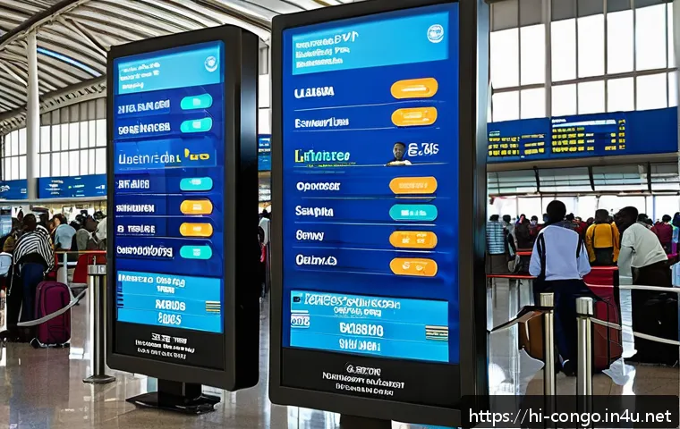 콩고 공화국 방문을 위한 항공편 정보 - A bustling modern airport terminal in Congo during daytime, featuring travelers of diverse ages and ...