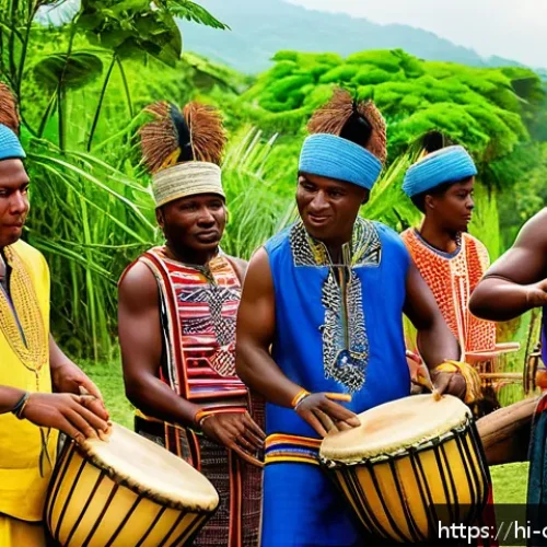 Home 30 콩고 공화국의 전통 악기와 연주 방식 - A vibrant scene depicting traditional Congolese musicians performing outdoors in a lush village sett...