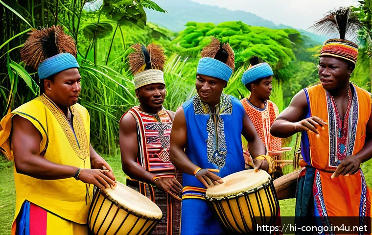 콩고 공화국의 전통 악기와 연주 방식 - A vibrant scene depicting traditional Congolese musicians performing outdoors in a lush village sett...