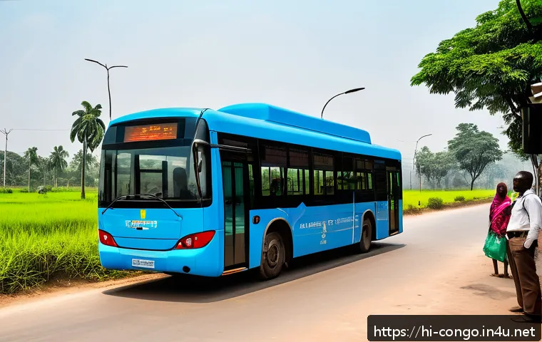콩고 공화국 대중교통 이용 방법 - A bustling modern bus stop in the Republic of Congo featuring a large digital display board showing ...