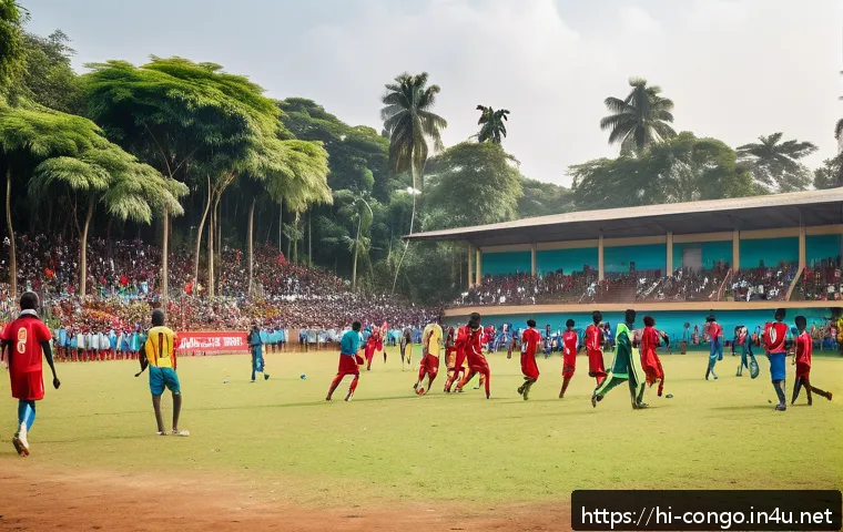 콩고 공화국에서 유행하는 스포츠 - A vibrant community football match in the Congo Republic featuring diverse ethnic groups united on t...