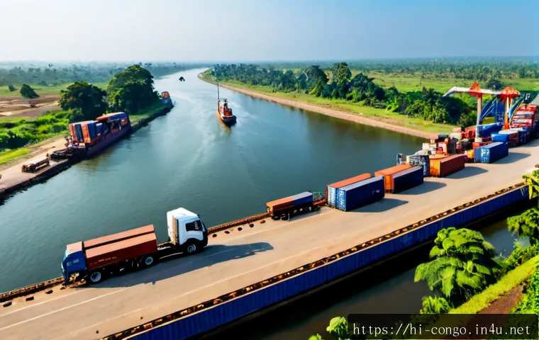 콩고 공화국 내 주요 기업 및 경제 활동 - Photorealistic wide-angle view of a modern river port in the Republic of the Congo, cargo containers...