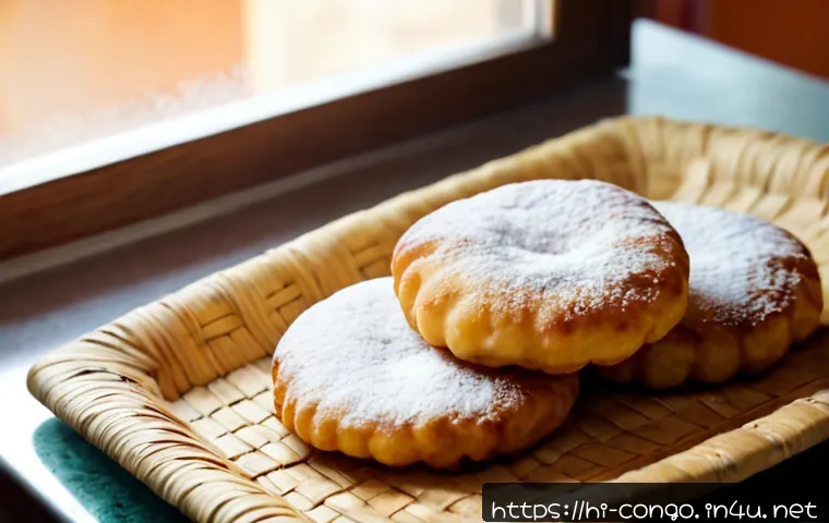 Home 17 콩고 공화국의 대표적인 디저트 및 후식 - Photorealistic close-up of freshly fried Congolese beignets, round golden dough fritters dusted ligh...